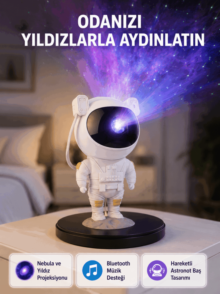Astronot Projeksiyon Lambası Bluetooth Müzikli ve Uzaktan Kumandalı