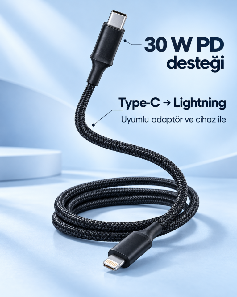 PD Hızlı Şarj Destekli LED Göstergeli Lightning Kablo