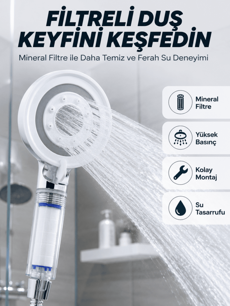 Şeffaf Filtre Hazneli Duş Başlığı Güçlü Akışlı Pratik Banyo Duşu