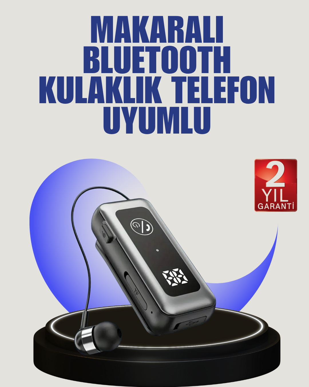 İçi Sarılabilen Kablo ve Yaka Klipsli Bluetooth Kulaklık