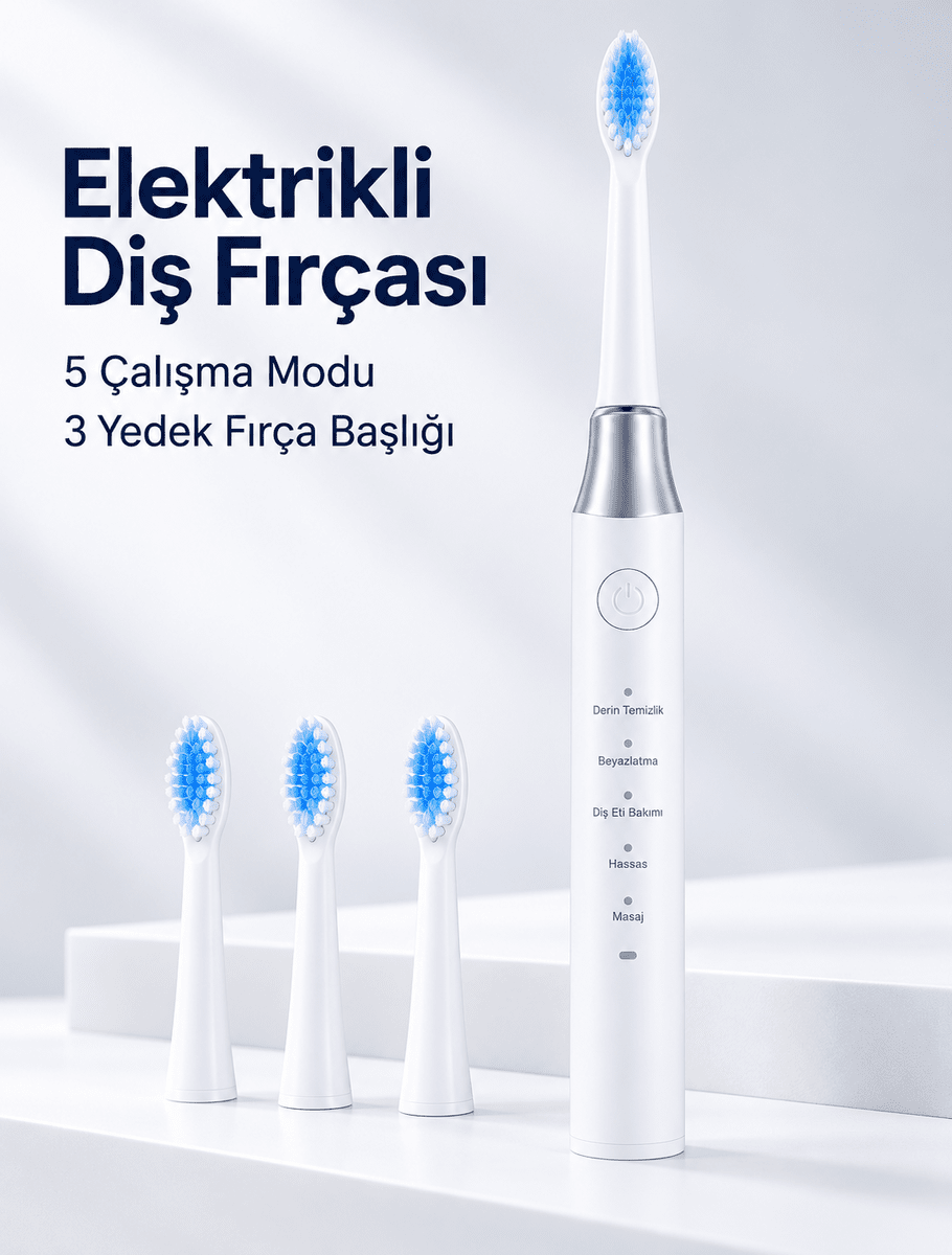 3 Yedek Başlık Hediyeli USB Şarjlı Beyaz Elektrikli Diş Fırçası