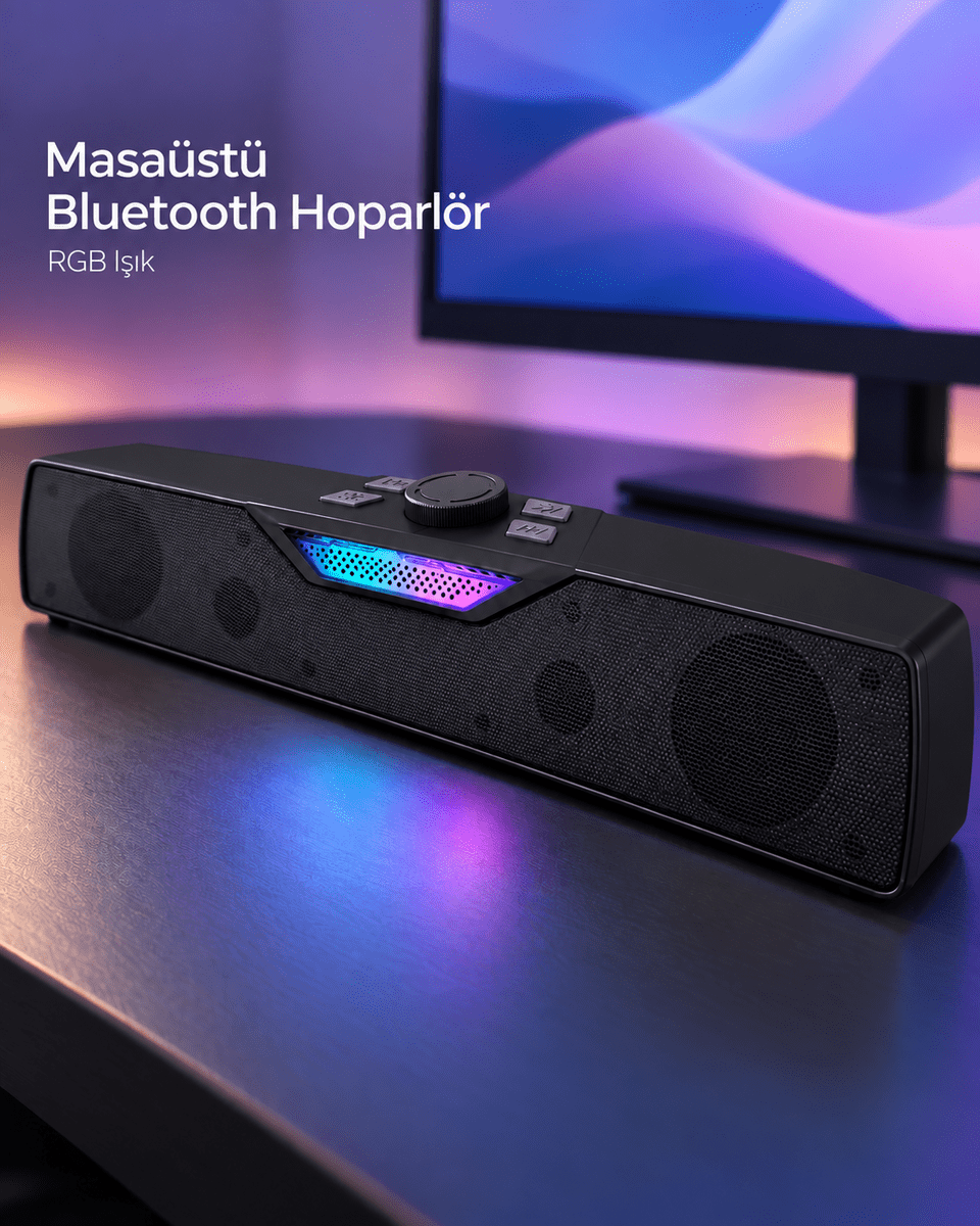 RGB Işıklı Bluetooth 5.4 Masaüstü Soundbar Hoparlör USB Destekli Siyah