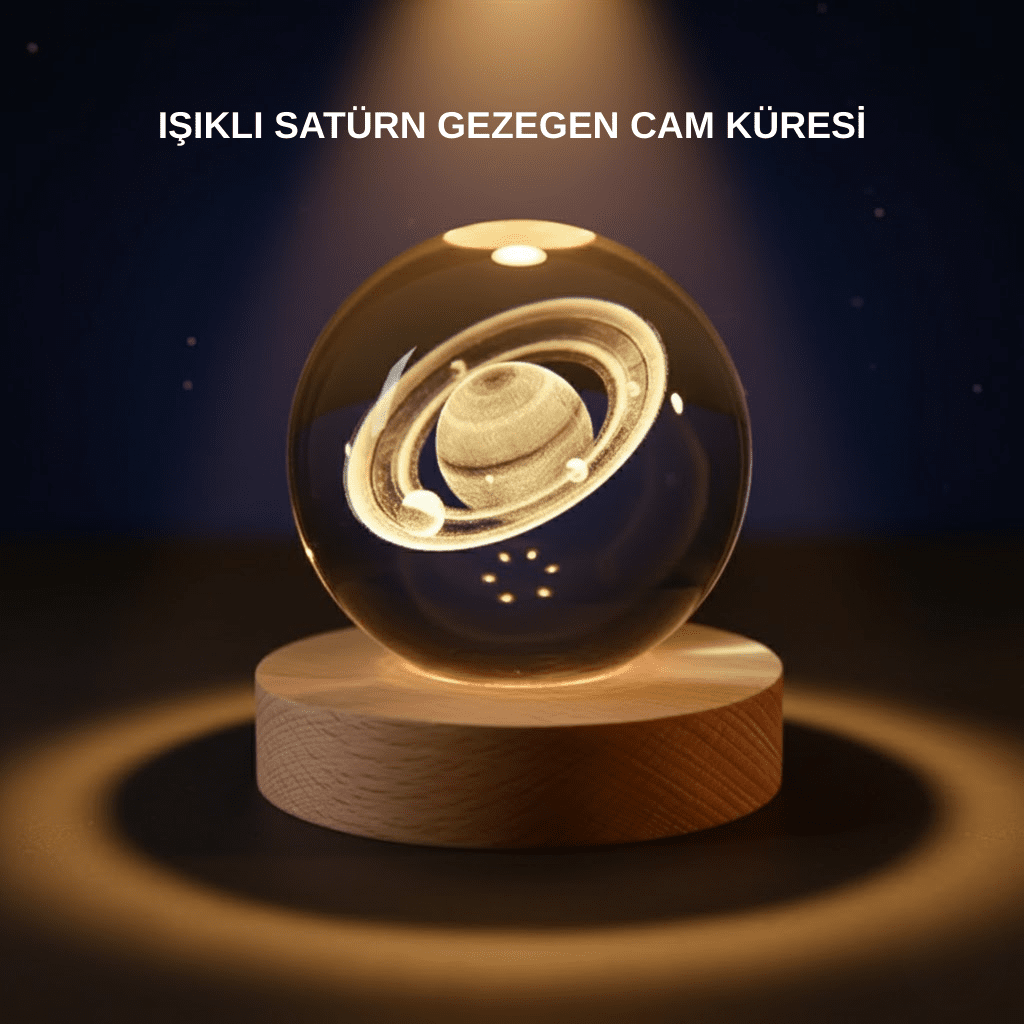 Satürn Desenli Kristal Küre LED Gece Lambası Ahşap Standlı