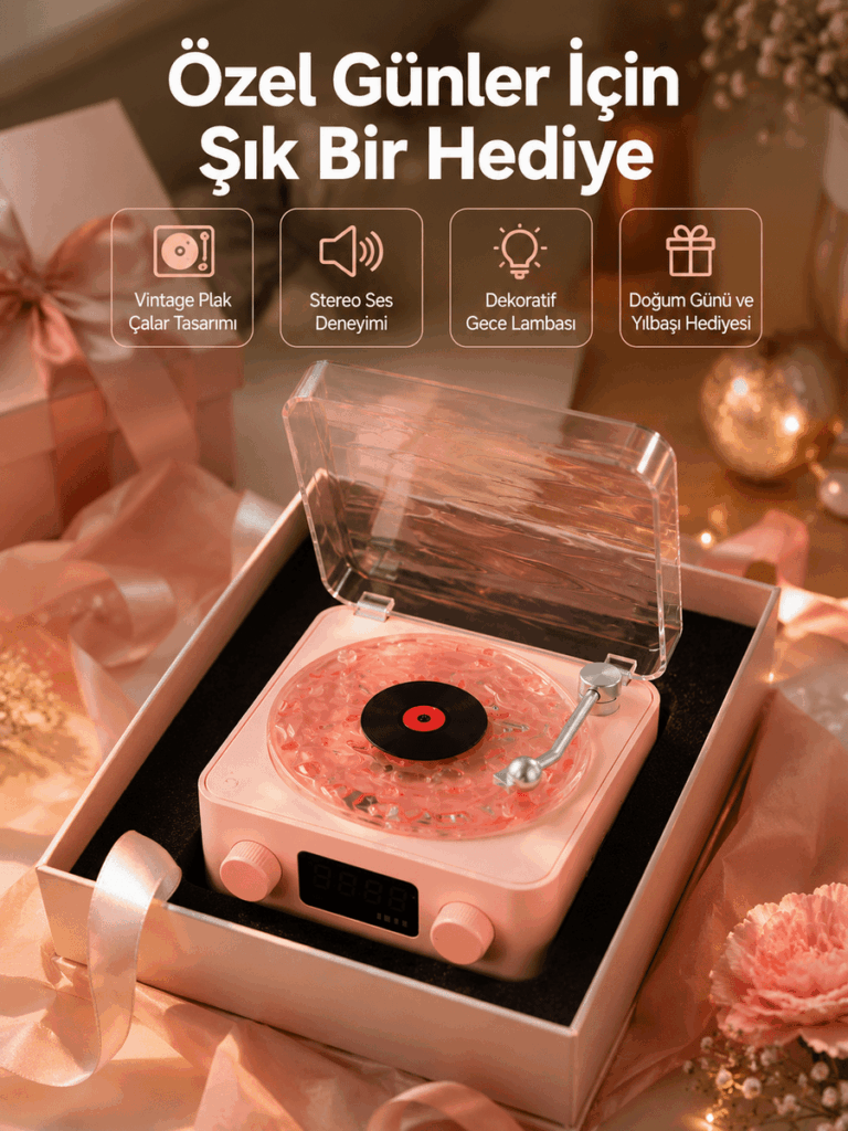 Retro Bluetooth Hoparlör – Yumuşak Gece Lambası ve Saat Göstergeli Yeni Nesil